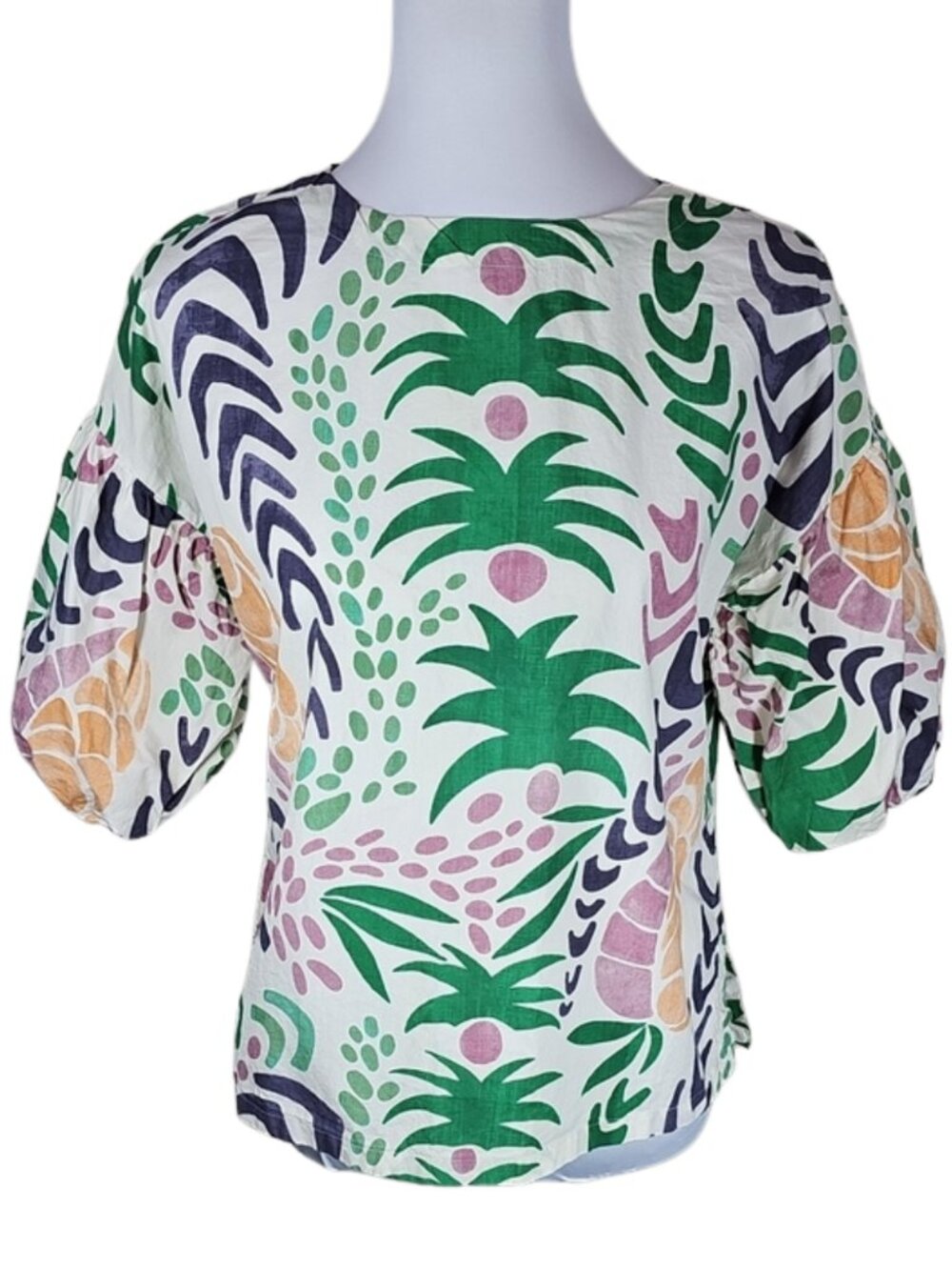 Oliphant Puff Sleeve Blouse XS Botanical Print Tropical Abstract Cotton Resort